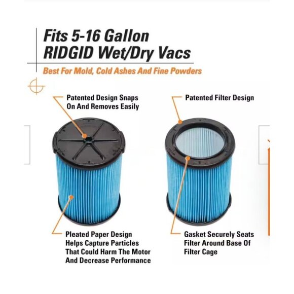Ridgid 2 Pack Genuine Fine Dust Pleated Paper Wet Dry Vac Shop Vacuum Filters - Picture 4 of 10